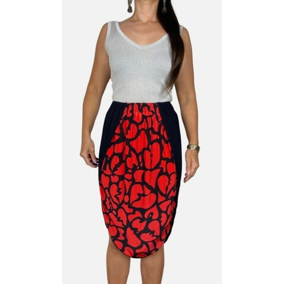 ROMANCE WAS BORN Red Black Print Silk Blend Curved Hem Midi Skirt - Picture 1 of 8